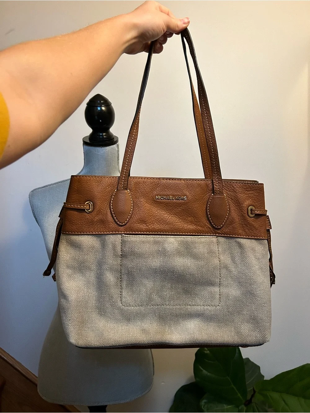 Michael Kors Brown Leather & Beige Canvas Tote